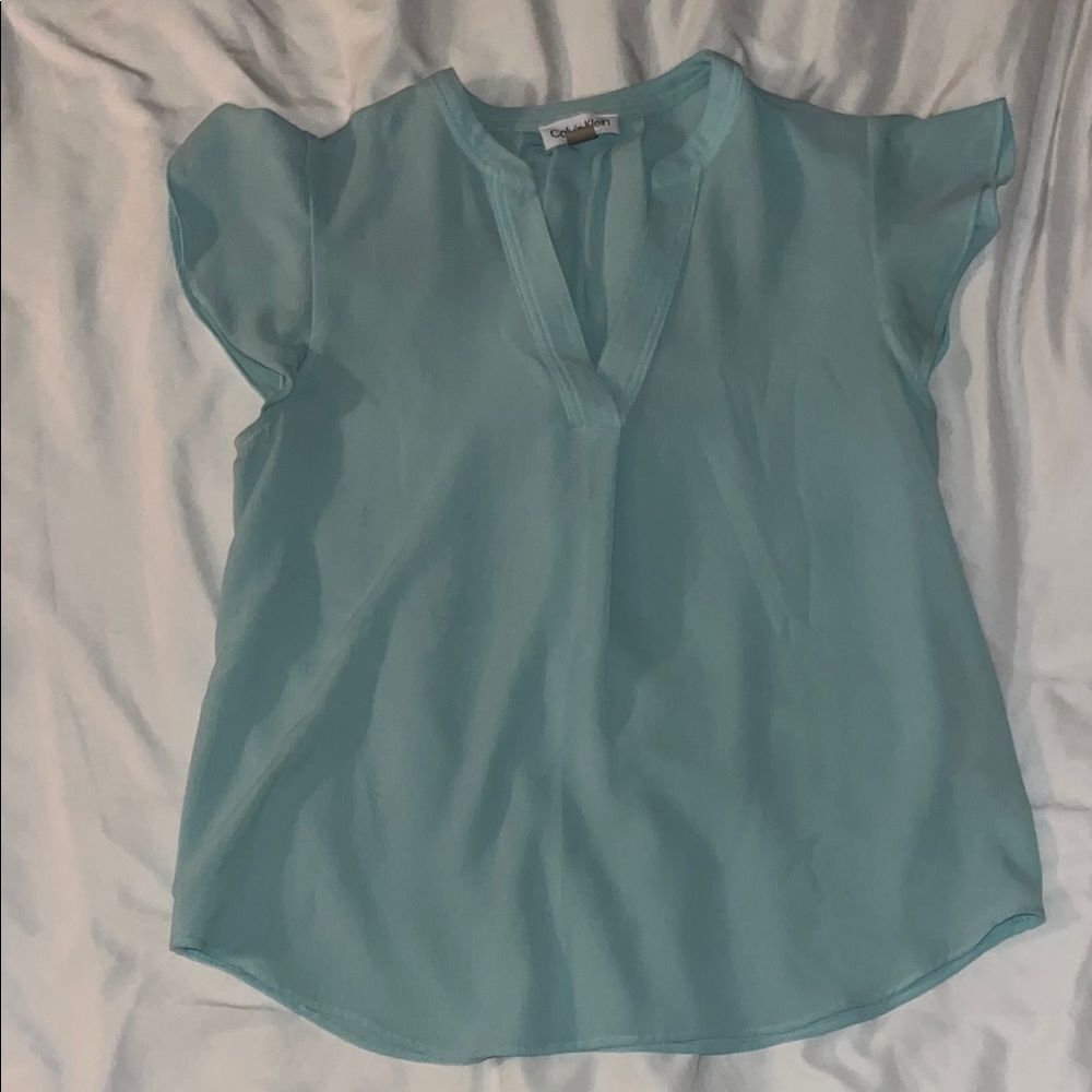 Calvin Klein Green Flutter Sleeve Blouse with Mandarin Collar